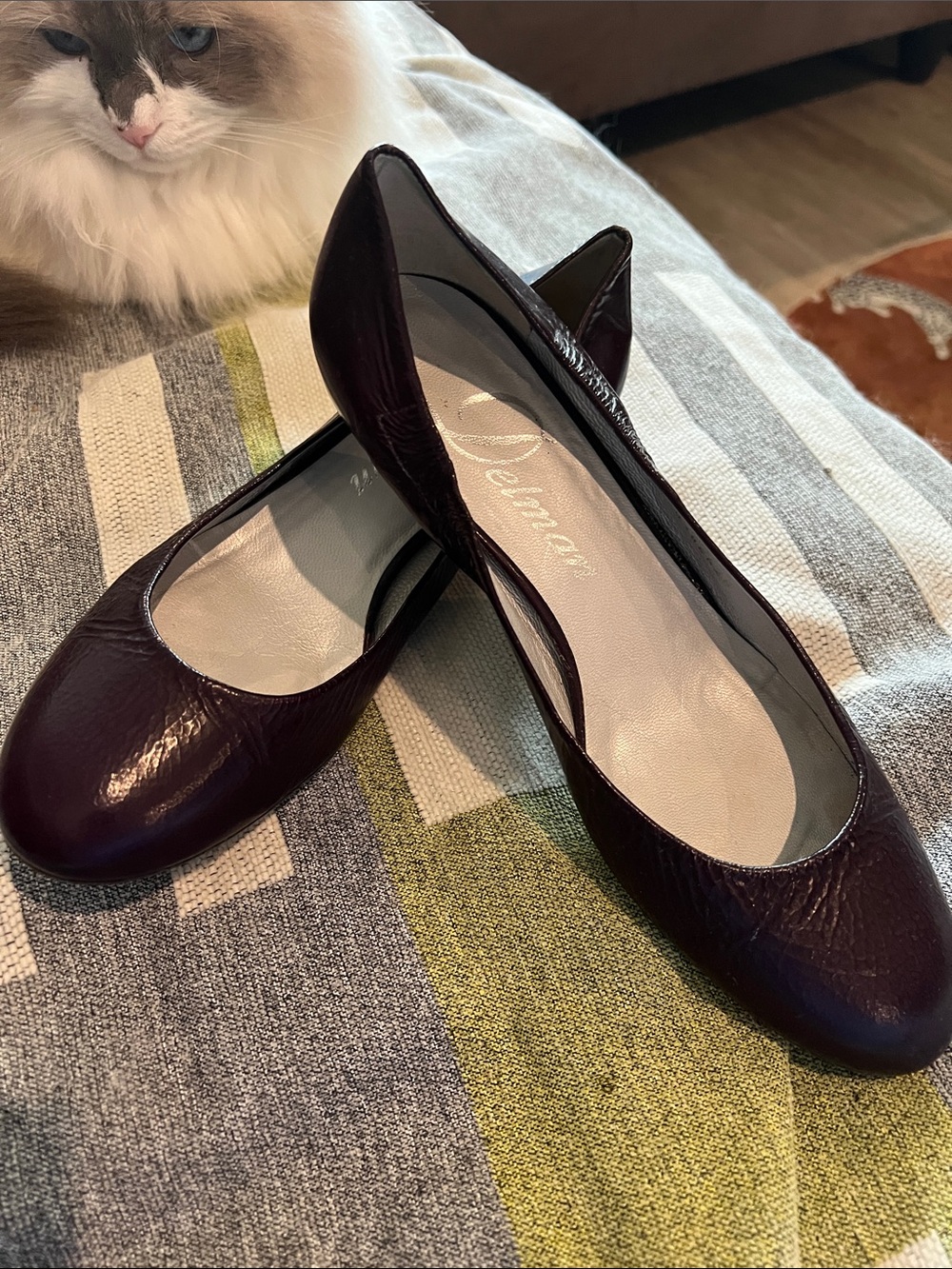 Delman low wedge never worn plum purple shoes
